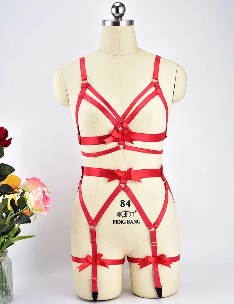 

Gothic Red Harness Bra Garter Belts Goth Fetish Body Bondage Harness Set Women Sexy Pole Dance Bondage Lingerie Tops Bodysuit