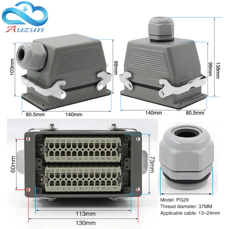 HDC-HE-048 Rectangular heavy duty connector  48 pins  aviation plug interface top line and side line 16A 500V double set screw
