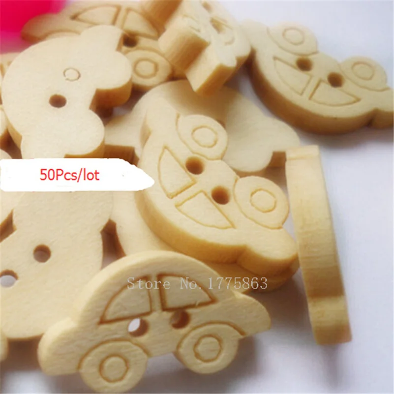 50 Pcs 20mm Natural Color Car Shape Sewing Wooden Buttons ,2 Holes,  for Kids, Scrapbooking Crafts , 7NK84