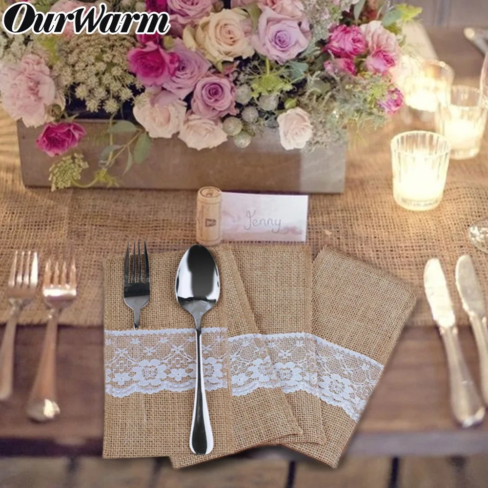 

OurWarm 50Pcs Jute Burlap Lace Cutlery Pouch Wedding Tableware Party Supplies Tableware Knife Fork Holder Bag Table Decoration