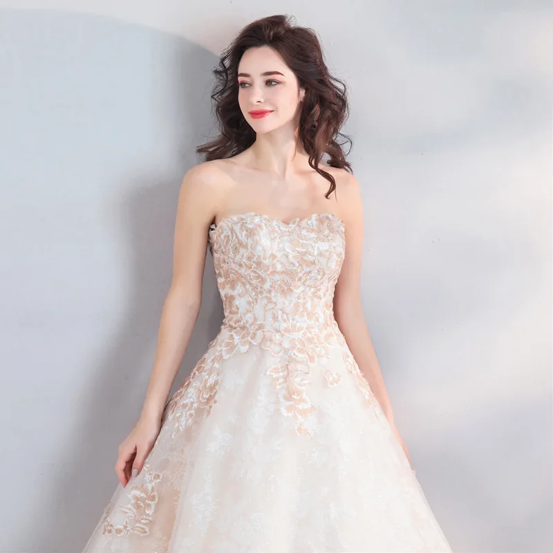 Vestidos De Novia elegantes De longitud completa, sin tirantes, apliques De encaje De tul brillante, corte en A, en Stock