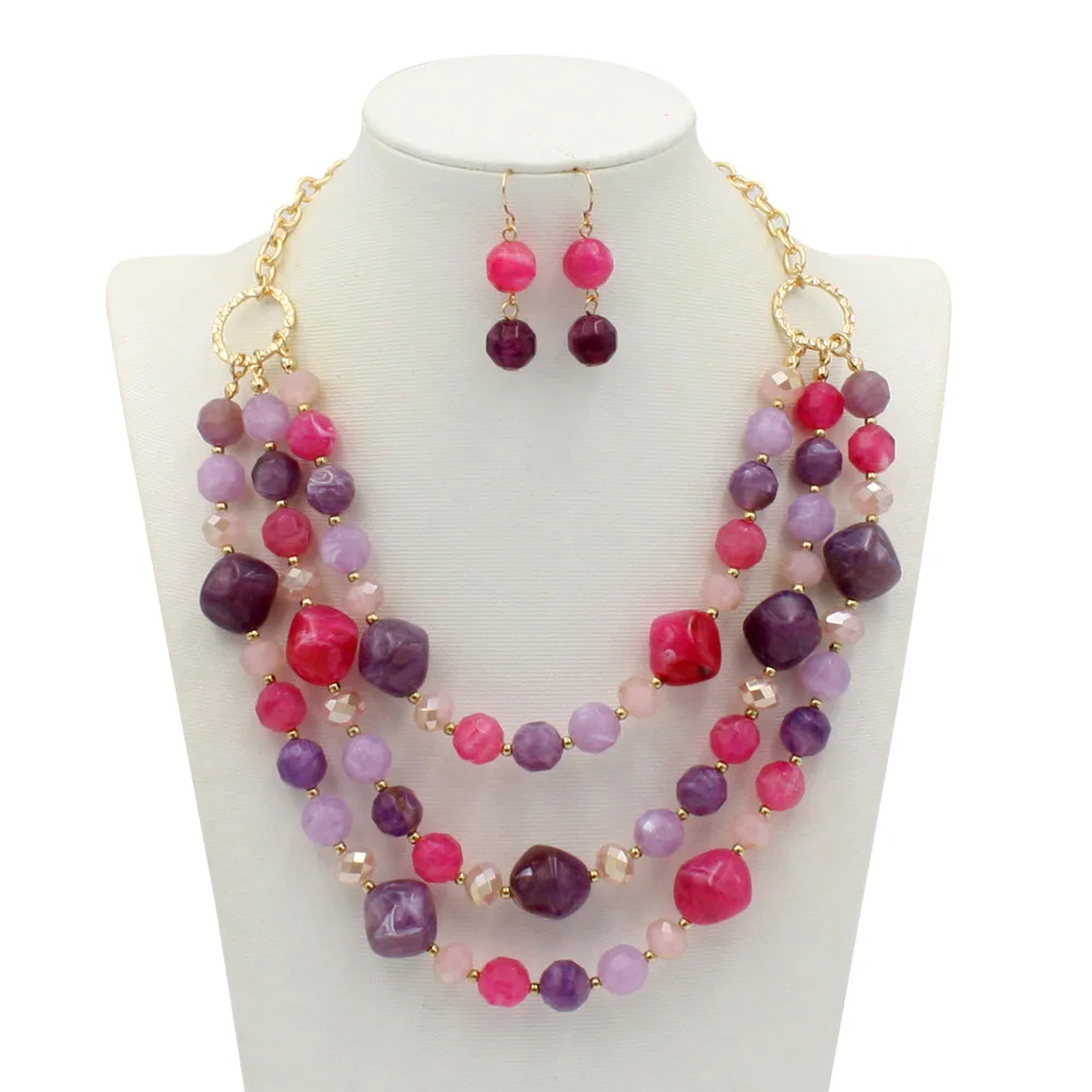 Fashion Acrylic Jewelry Women Retro Big Resin Stone Glass Beads Handmade Necklace Earring Set For Femme Christmas Gift