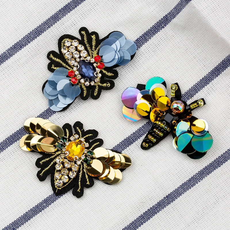 QIAO Handmade Crystal Rhinestone beaded&sequin Patche Bees Shape Fashion Sew on pearl patch for clothes beaded Applique Cute DIY