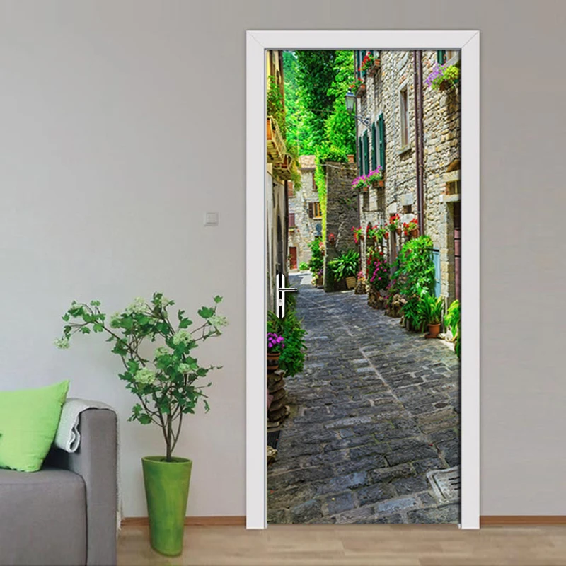 

Living Room Bedroom Door Sticker Wall Mural Art PVC Waterproof Self-adhesive Street View Door Stickers Home Decoration Wallpaper