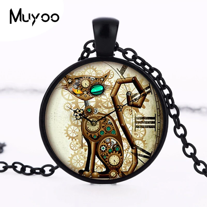 2017 new hotSteampunk Cat Pendant Steampunk Clock Necklace Round Photo Pendant Steampunk Jewelry HZ1
