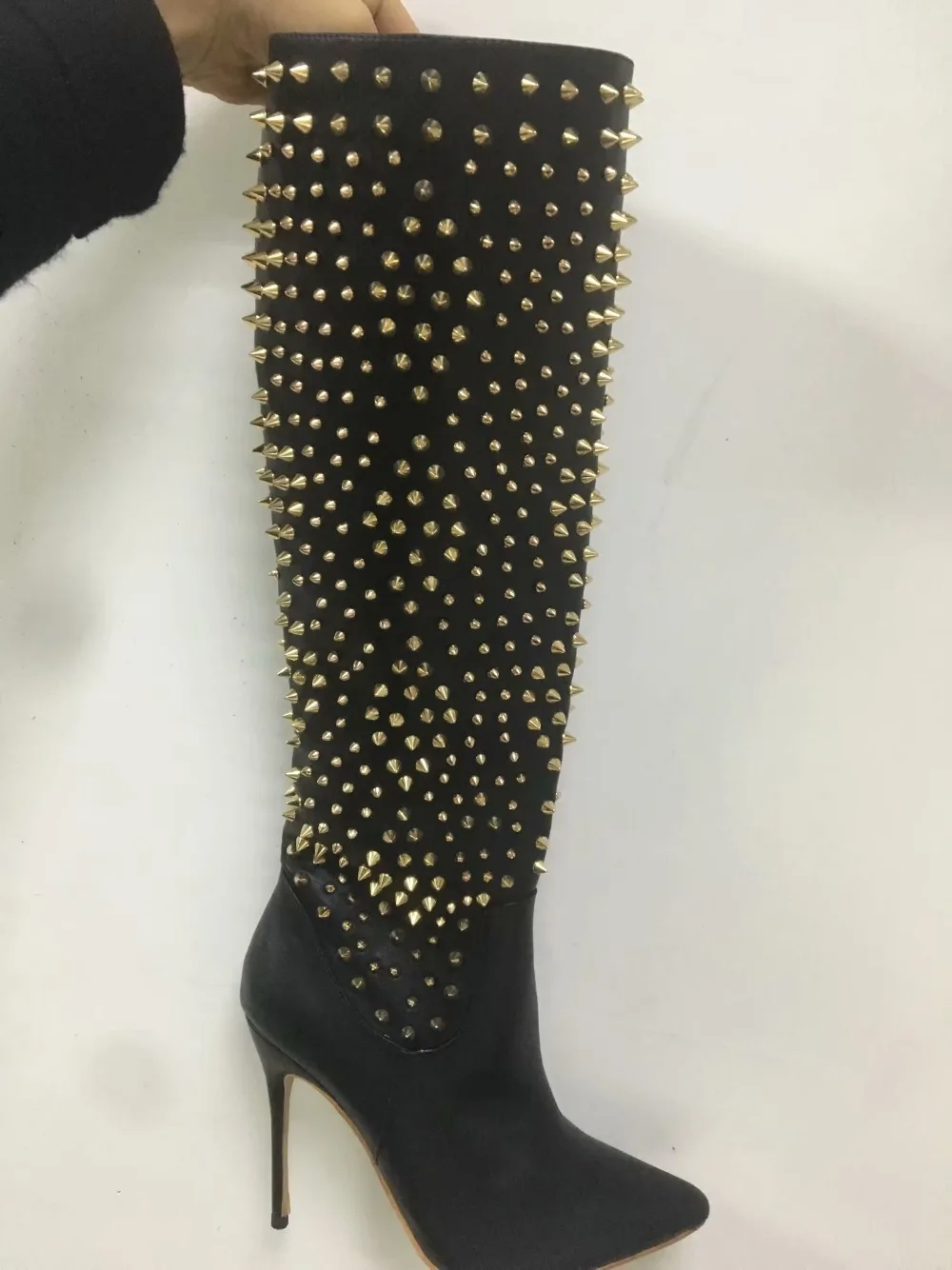 

New Fashion Women Pointed Toe Knee High Spike Design High Heel Boots Gold Rivet Long Leather Boots Sexy Dress Shoes