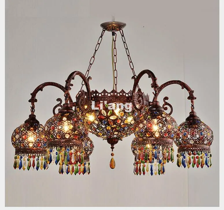 Bohemia Mediterranean Restaurant Bedroom Lamp Factory Direct Selling D85cm H61 Retro Multicolor Bronze Wrought Iron Pendant Lamp