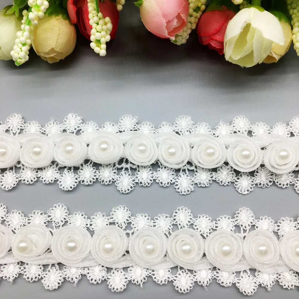 1 Yard Eyelash Rose Flower Pearl Lace  Trim Ribbon Fabric Embroidered Applique Sewing Craft Crochet Wedding Dress Clothes