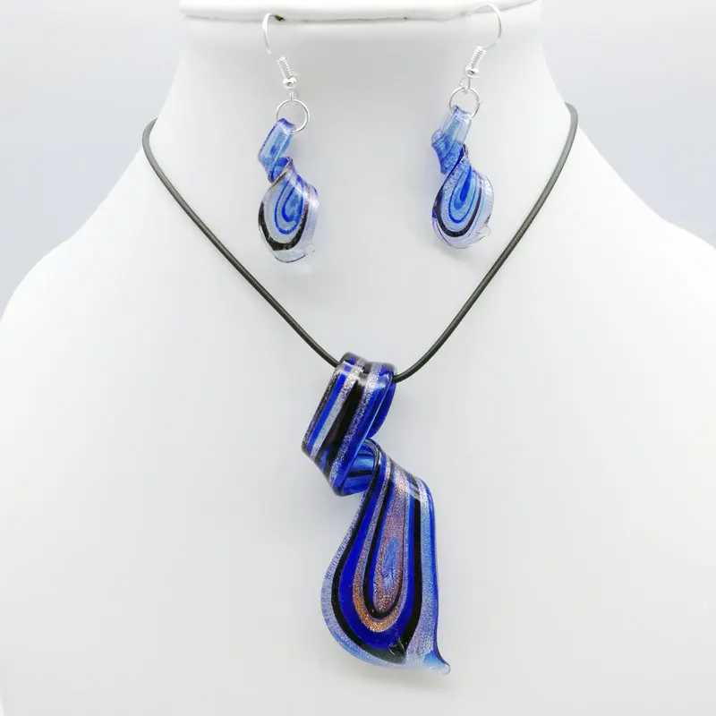 Wholesale 5Sets Navy Blue Twisted Lampwork Murano Glass Pendant Necklace   Earrings