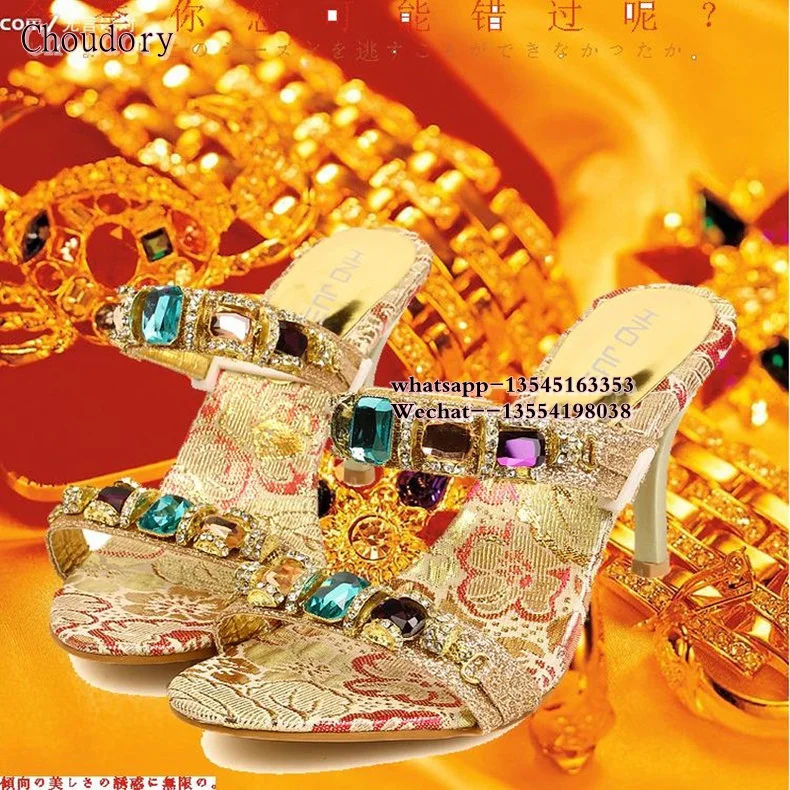 Women slippers Gold Silver high-heeled Slippers rhinestone sandals shoes fashion Stiletto heels sandals gold female sandals