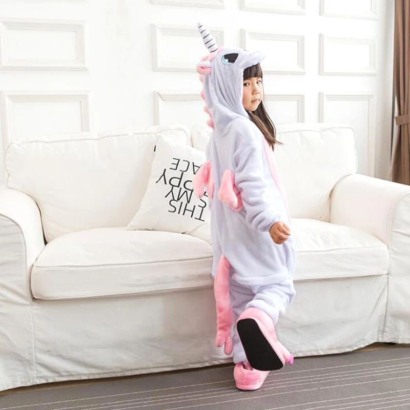 Kid Pink Unicorn Kigurumi Onesies For Girls Boys Child Anime Cosplay Jumpsuit Funny Fantasia Winter Animal Cartoon Onepiece