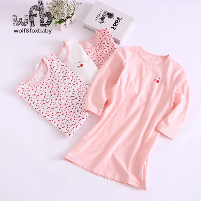 Retail 3-14 years long-sleeves cotton children's home wear nightdress girl baby pajamas autumn fall Spring Print Cherry