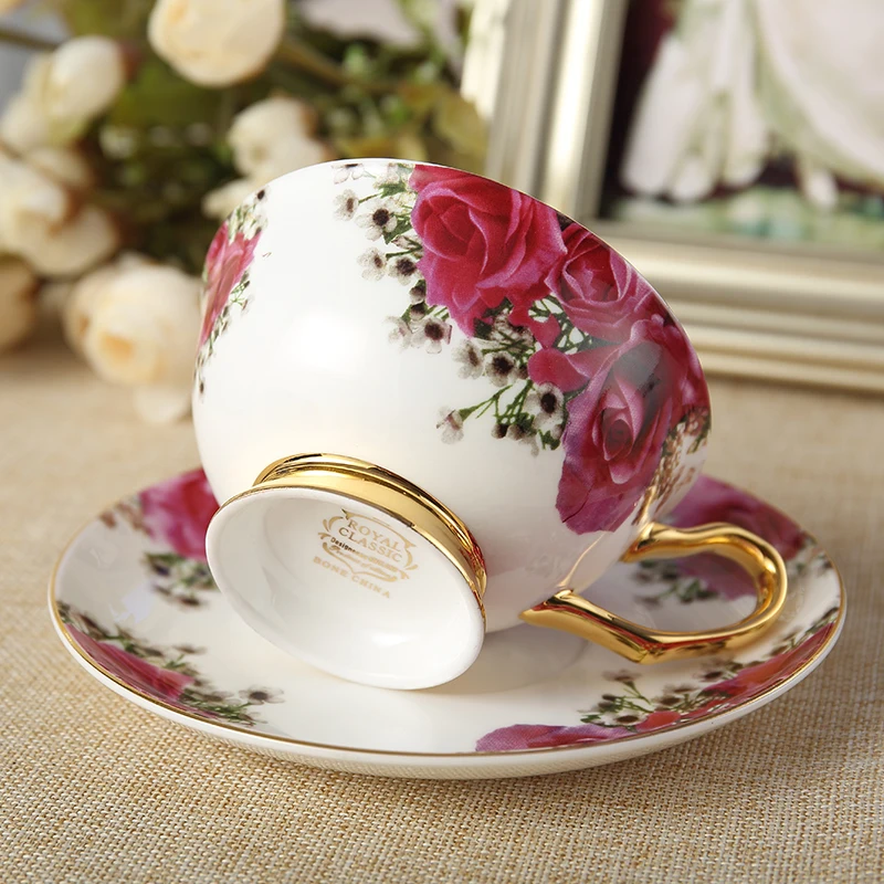 Pastoral Rose Bone China Tea Cup Saucer Spoon Set 200ml Europe Advanced Porcelain Coffee Cup British Ceramic Teacup Dropshipping