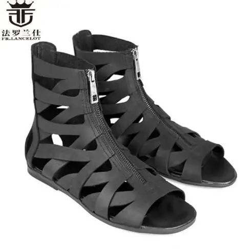 

2019 FR.LANCELOT Luxury Brand Design Summer Real Leather Cut-outs Men Sandals Front Zip Gladiator Flats Men Shoes Plus Size 46