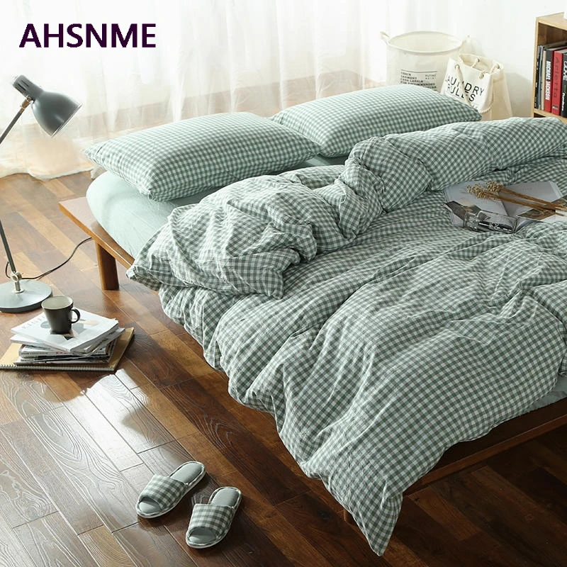 AHSNME 100% Cotton Nevresim Takimlari Super Soft Bedclothes Cool Summer Light Green Small Plaid Duvet Cover comforter posciel