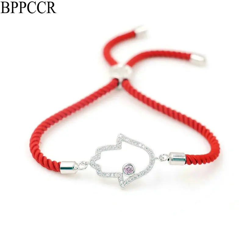 BPPCCR Women Silver Color Micro Inlay CZ Fatima Crystal Bracelet For Couples Red Thread Rope Lucky Bracelets Jewelry Lovers Gift