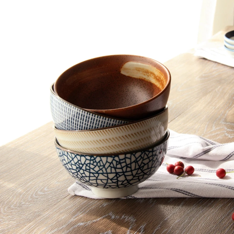 Set of 4pcs Ceramic Bowls Japanese Rice Bowl Blue Stripe Soup Bowl Restaurant Retro Dinnerware 4.5 inch Microwave Safe