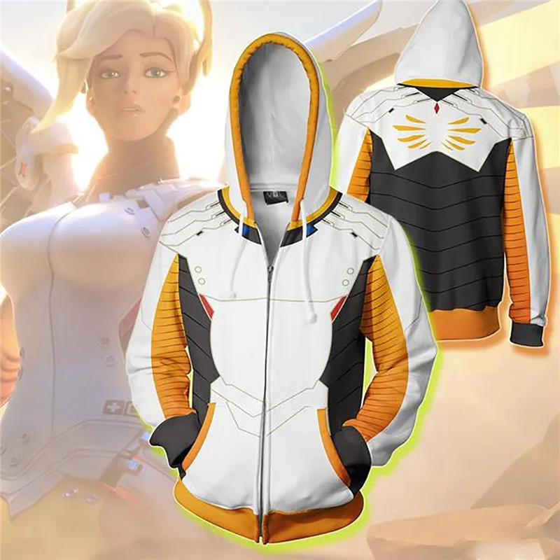 New Overwatches Hooded Sweatshirts Genji DV.a Mercy Full Zip Thin Hoodies Cool Pullover Coat Jacket Cosplay Halloween Costume