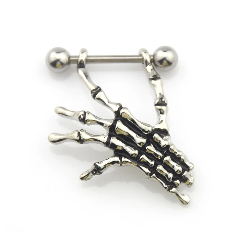 2-teilig hochwertige Totenkopf-Hände, Punk-Titan, chirurgischer Edelstahl, Langhantel-Nippel-Piercing, Körperschmuck für Damen und Herren – Detail 1