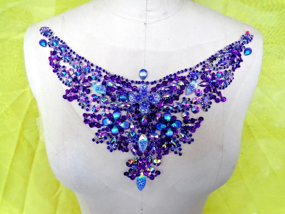 A187 Handmade crystal  patches purple sew on  Rhinestones applique with stones sequins beads 32*13cm  for top dress