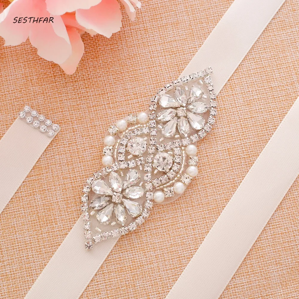 SESTHFAR Crystal Bridal Belt  Silver Handmade Rhinestones Wedding Belt Diamond Wedding Sash For Bridal Accessories