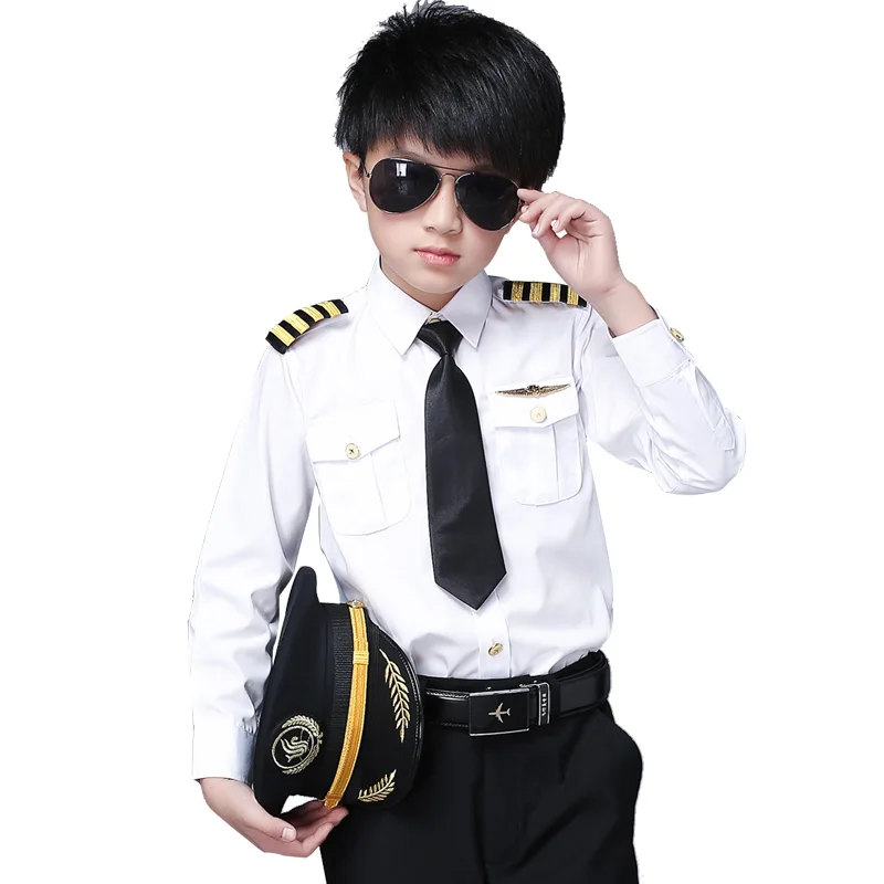 

New Arrivals boy Short Sleeve White Airline Pilot Uniforms Fashion Slim Fit Black Workwear children's show Clothing