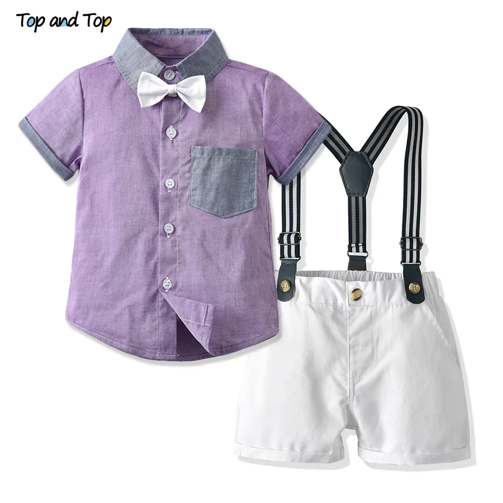 Top and Top Summer Kids Boys Casual Clothing Sets Short Sleeve Purple Shirt+Overalls Children Boy Gentleman Outfits Bebe Suit