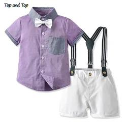 Top and Top Summer Kids Boys Casual Clothing Sets Short Sleeve Purple Shirt+Overalls Children Boy Gentleman Outfits Bebe Suit