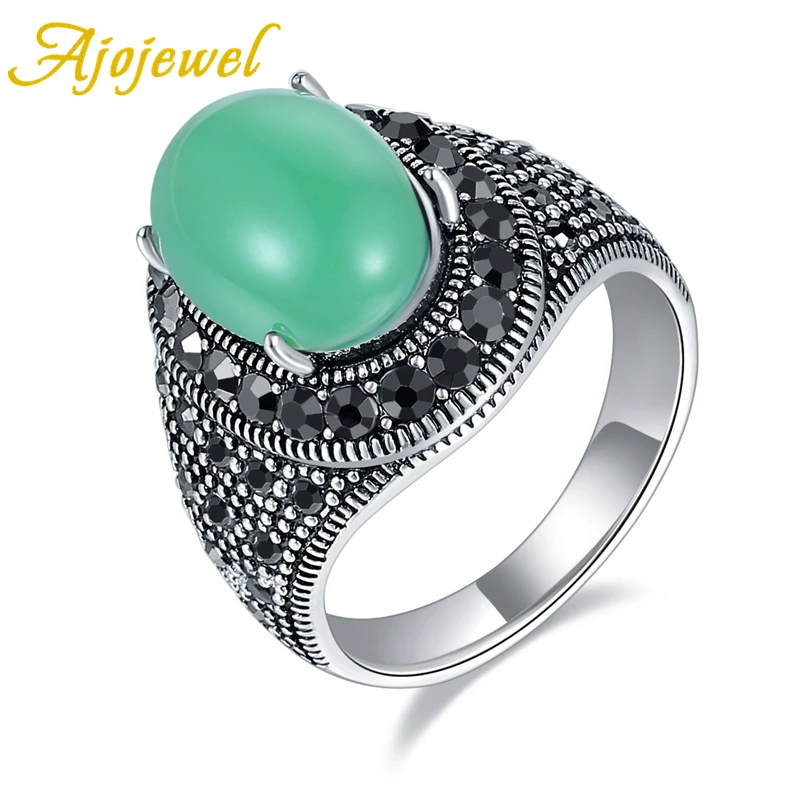 Ajojewel Vintage Green Stone Ring For Women Black Rhinestone Finger Jewelry High Quality Fashion Gift