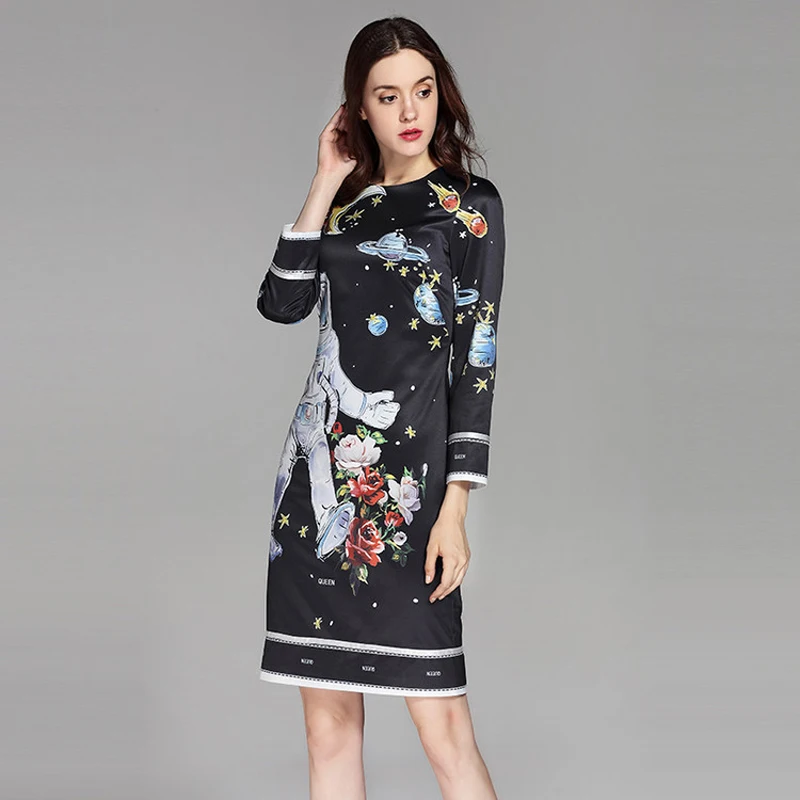 

Best Quality 2023 Spring&Summer Newest O-Neck full Sleeve Spaceman Print Silm Black ELegant Above Knee A-Line Dress Women