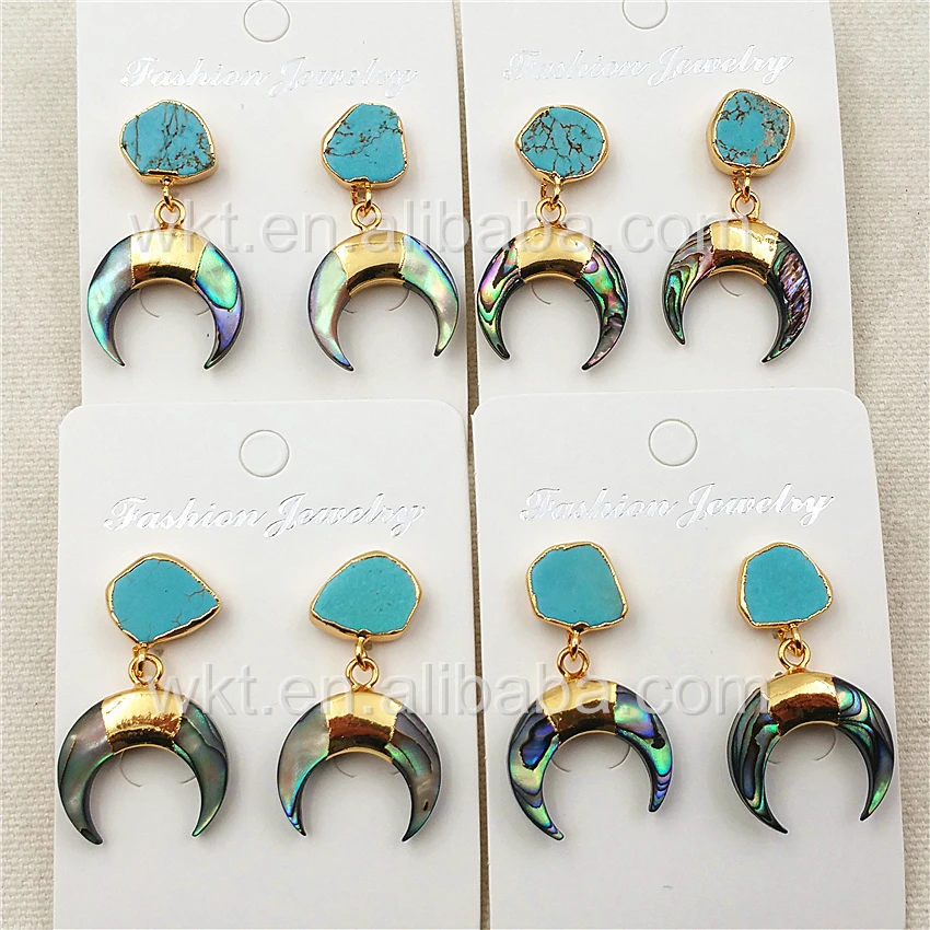 

WT-E301 Newest Design Natural Abalone shell crescent horn Earring, 24k gold color stone charm crescent horn earrings