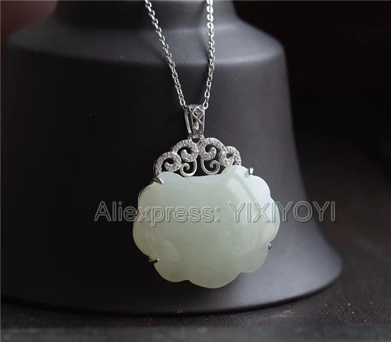 925 Sterling Silver White HeTian Jade Carved Lock Style Design Lucky Pendant + Chain Necklace Charm Fine Jewelry Charm Gift