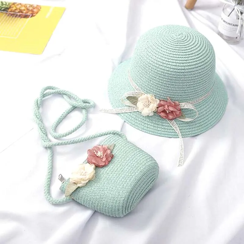 XEONGKVI Korean Pure Color Children Sun Hats Bags Suit Summer Brand Wide Brim Beach Straw Hats For Girl Kid Bucket Cap