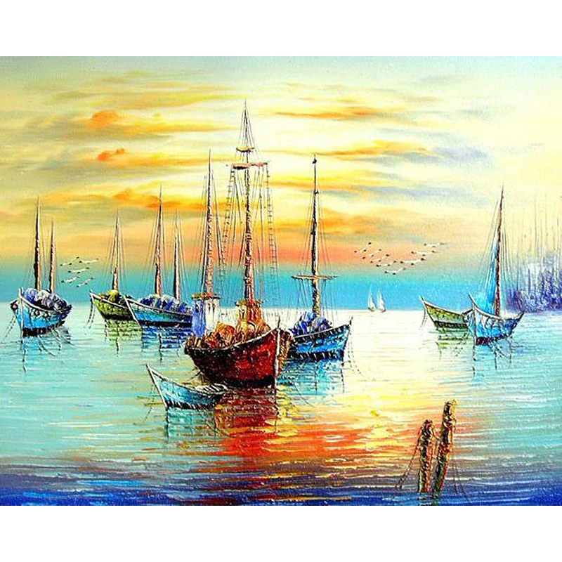 

Modern Seascape Wall Art Oil Painting on Canvas Sunsent Boat Painting for Home Decor Hand Painted