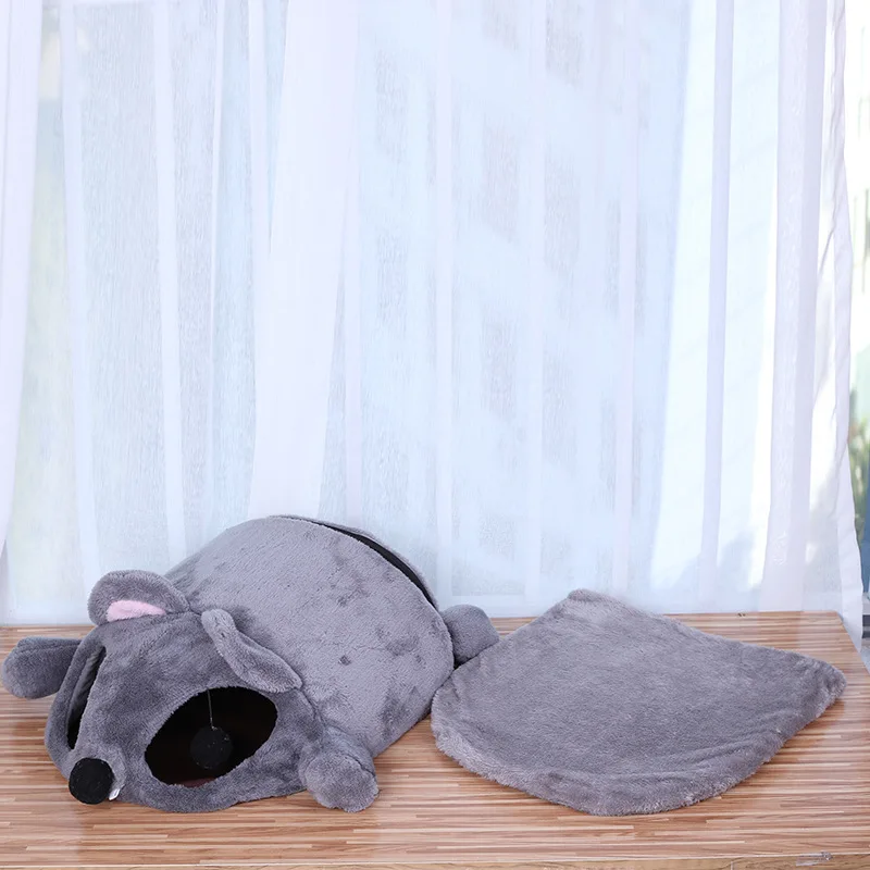 Funny Grey Mouse Shape Pet Cat Kitten Bed Mat For Small Cats Dogs Cave Bed Removable Cushion Waterproof Bottom Pet Cat House Bed