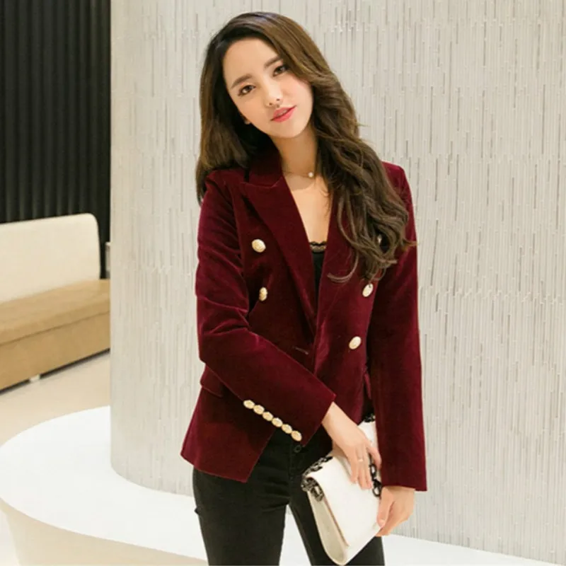 Brand New Fashion Spring Autumn Women Wine Black Slim Velvet Blazer Jacket Double Breasted Simple Lady Blazers OL Clothing