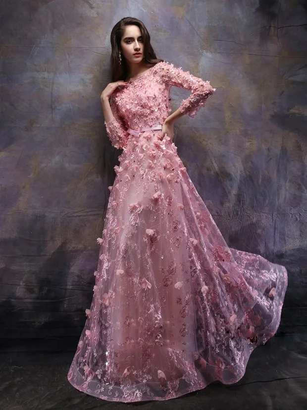 Elegant Pink Bateau Long Sleeves Flowers Lace Prom Evening Dress Vestidos de Noiva Custom Made Long Formal Party Gowns 2024