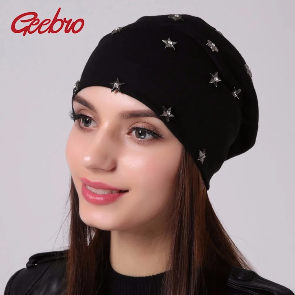 Geebro Women\'s Beanie Hat Spring Casual Polyester Star Rhinestones Slouchy Beanie for Women Autumn Thin Cotton Female Skullies