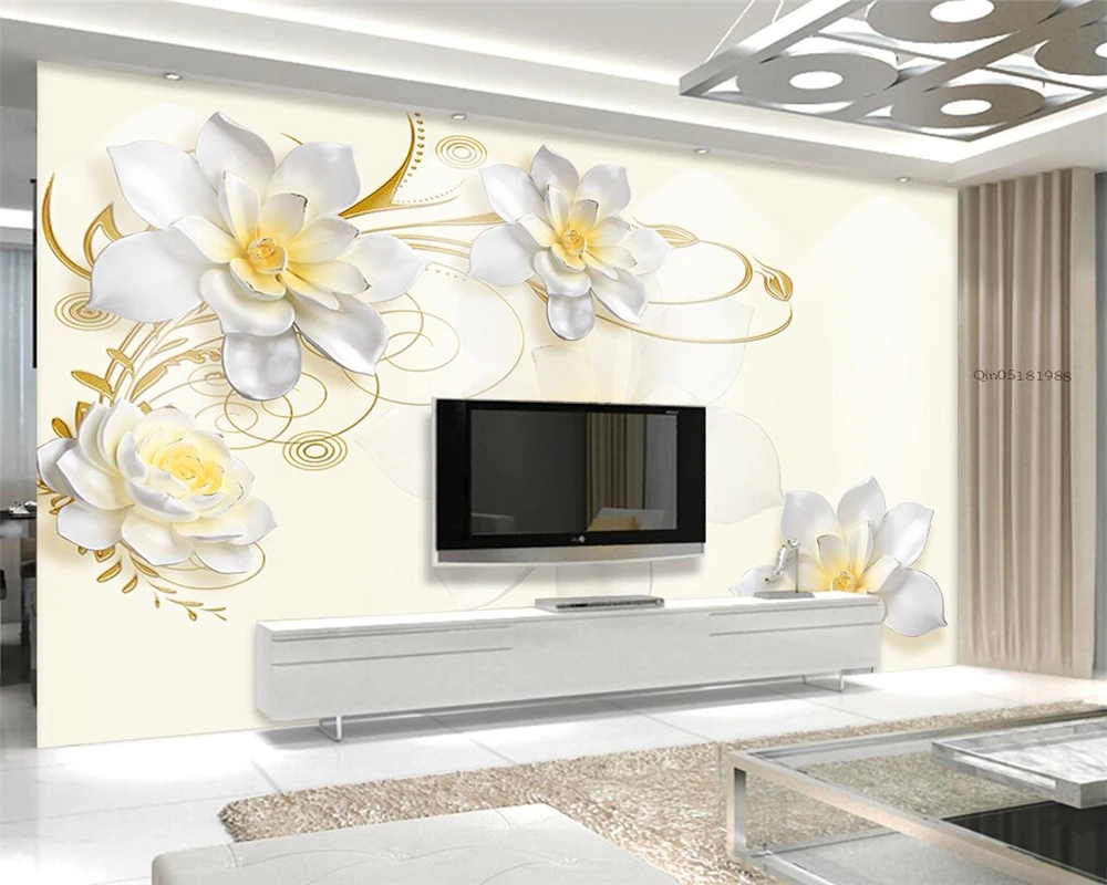 

3 d custom wallpaper home decoration wallpaper white flowers anaglyph image luxurious sitting room wallpaper pictures