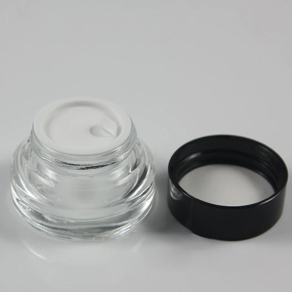 

30PCS 15g clear glass cream jar with black plastic lid, empty 15 grams cosmetic jar for eye cream,15g mini glass bottle