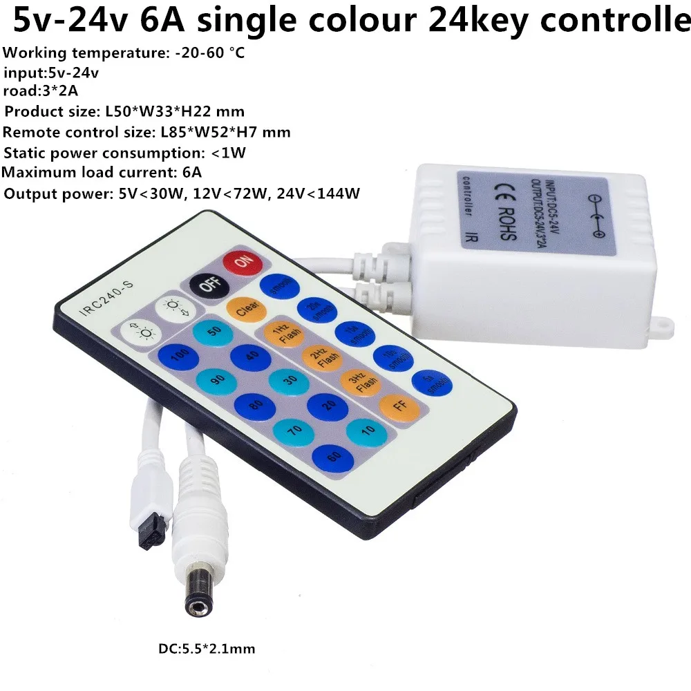 Wireless 24Keys 3*2A RF IR Remote Controller For Single Color 3528 5050 2835 5630 3014 LED Strip Lights DC5-24V