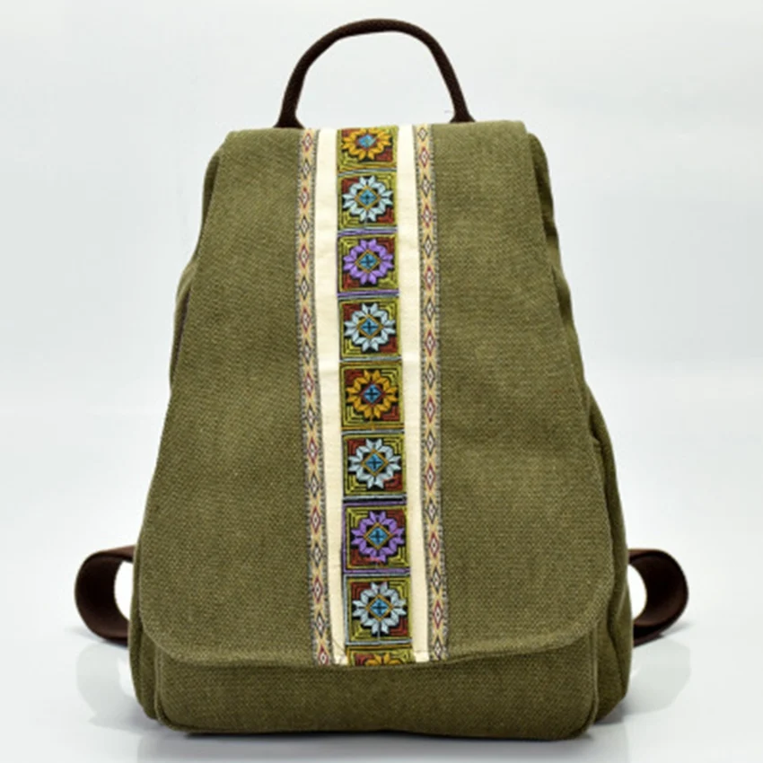 New 2019 simple casual embroidery flower canvas shoulder bag student bag army green wild women's travel backpack