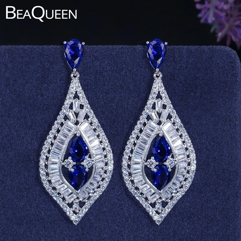 BeaQueen Elegant Teardrop Royal Blue CZ Crystal Women Wedding Evening Long Hanging Drop Earrings Jewelry for Brides E044