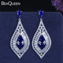 BeaQueen Elegant Teardrop Royal Blue CZ Crystal Women Wedding Evening Long Hanging Drop Earrings Jewelry for Brides E044