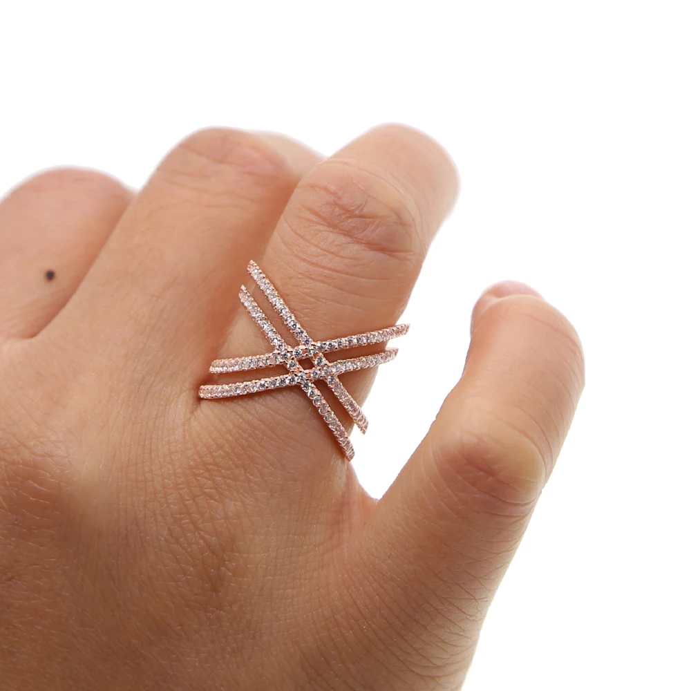 100% pure 925 sterling silver women finger rings,fine micro pave cz bling double criss cross X ring