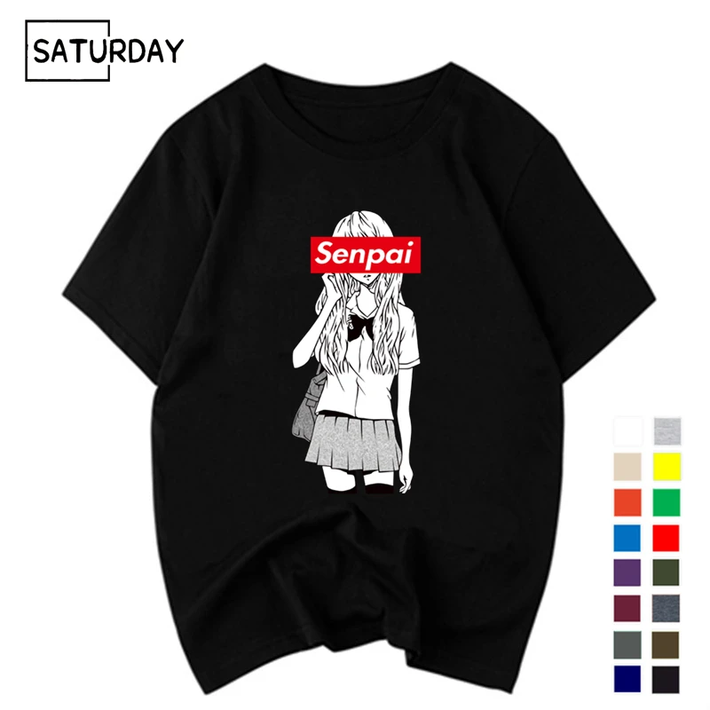 Men\'s Senpai Anime Girl Nerdy Cotton Black Print T-shirt Women Manga Streetwear Tee Cotton Tshirt Unisex Harajuku Clothes