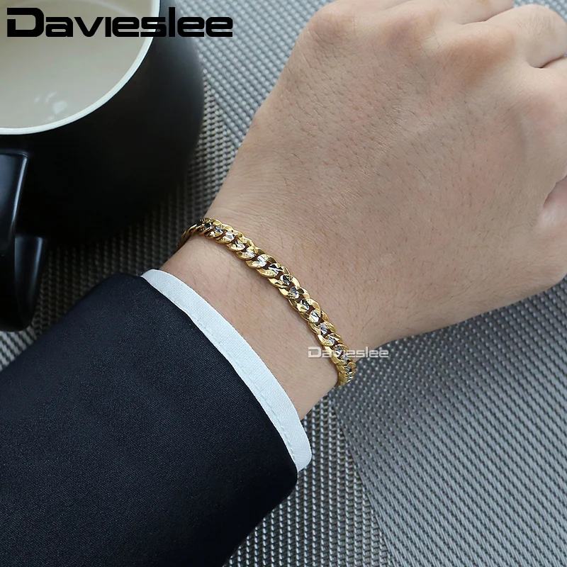 Davieslee Men\'s Bracelets Hammered Cut Curb Cuban Link Chain Yellow Gold Color Bracelet For Men Jewelry Dropshipping 6mm DGB292