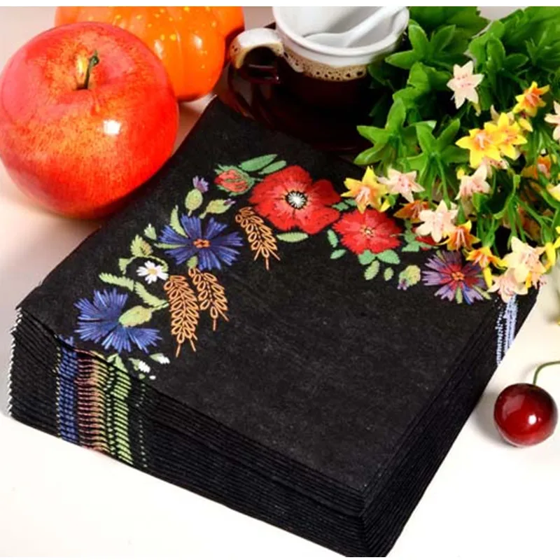 Paper napkins tissue black color print embroidery art handerchief decoupage wedding birthday party cafe decoration mug cup mats