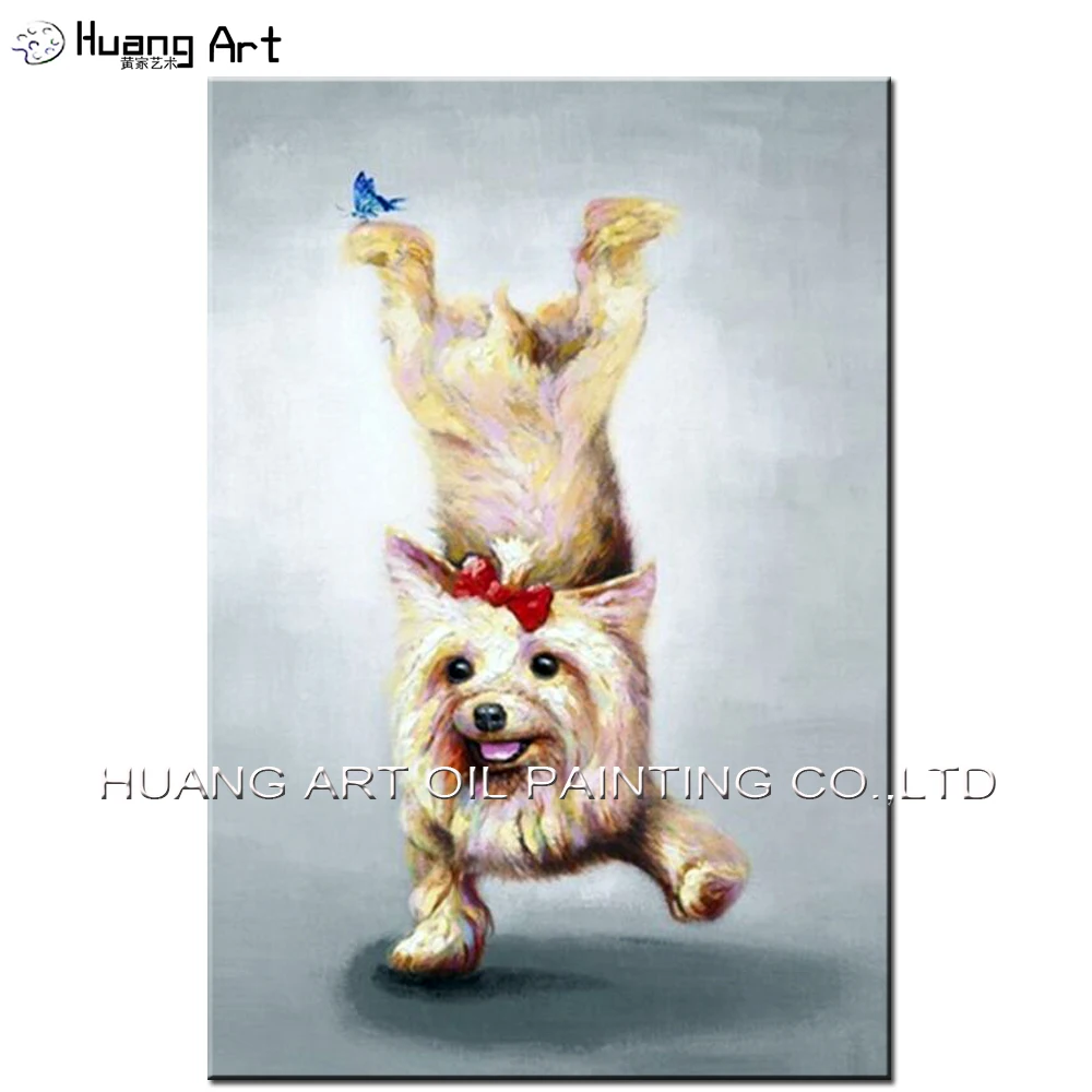 Abstract Naughty Cute Girl Dog Painting on Canvas Hand Painted Handstand Posture Dog Modern Oil Painting for Room Wall Decor