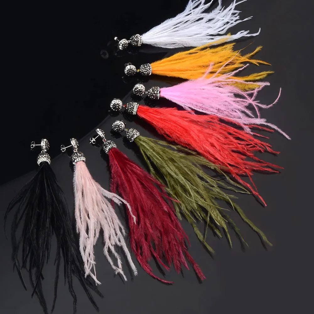 LFPU البوهيمي حقيقية النعامة ريشة أقراط طويلة كريستال الشرابة استرخى إسقاط أقراط مجوهرات للنساء مجوهرات الزفاف